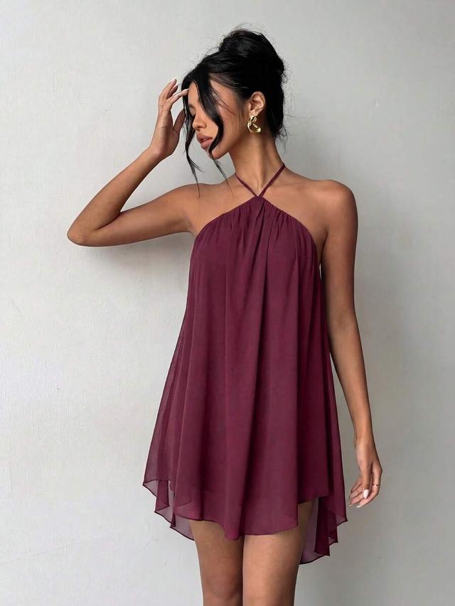 casual sexy halter backless chiffon asymmetrical hem dress