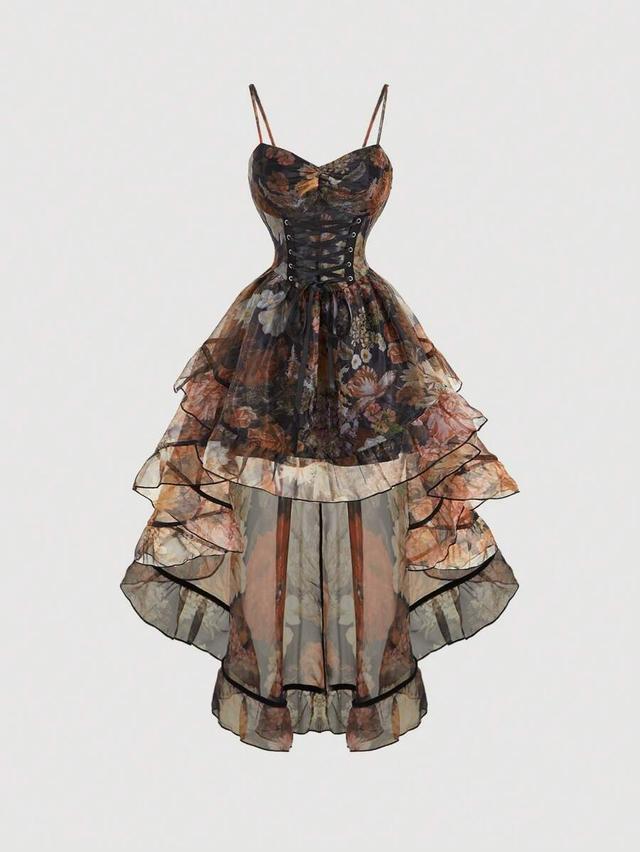 vintage floral print mesh midi dress with corset bodice