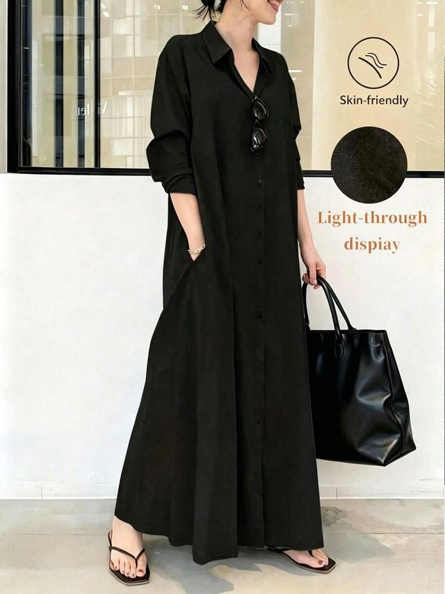 minimalist black button front long shirt dress