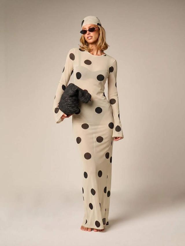 beige polka dot sheer mesh maxi dress