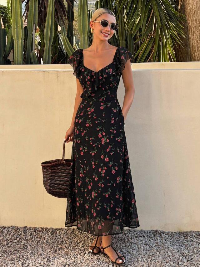 floral printed sweetheart neck ruffle hem midi dress