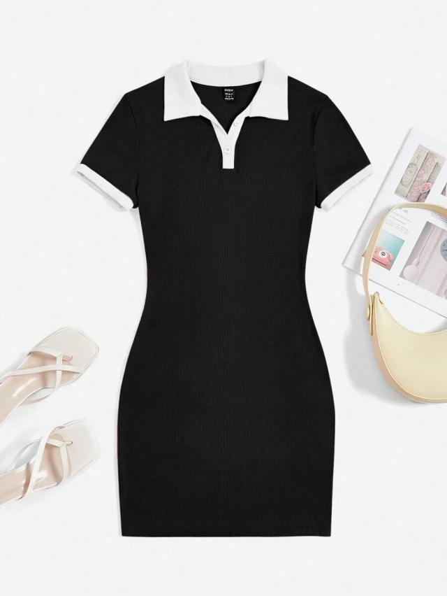 black ribbed knit contrast collar bodycon dress