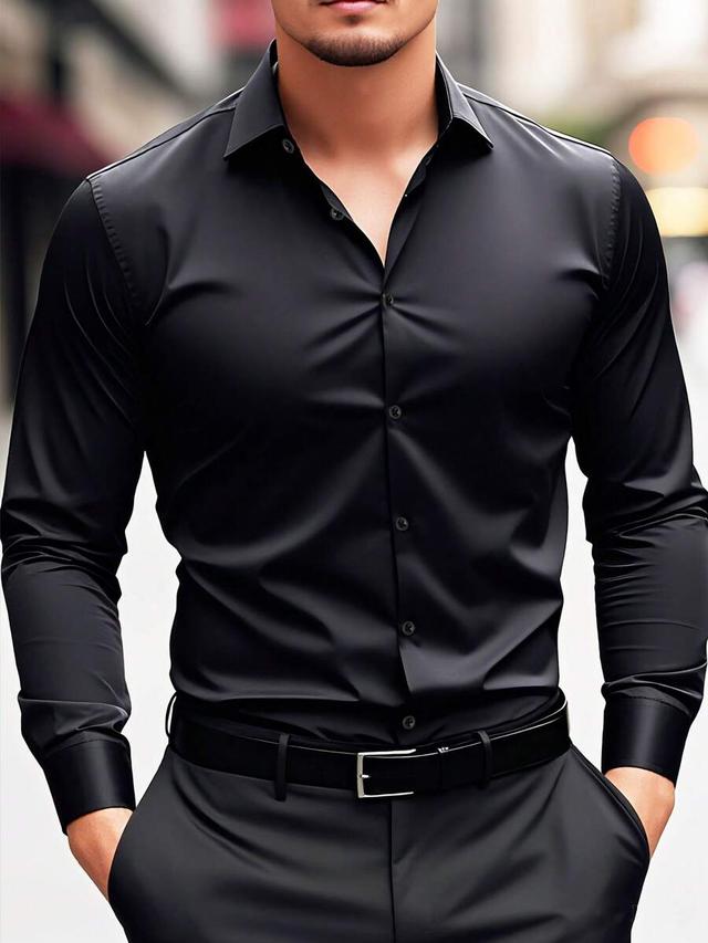 men's solid black long sleeve casual dress shirt