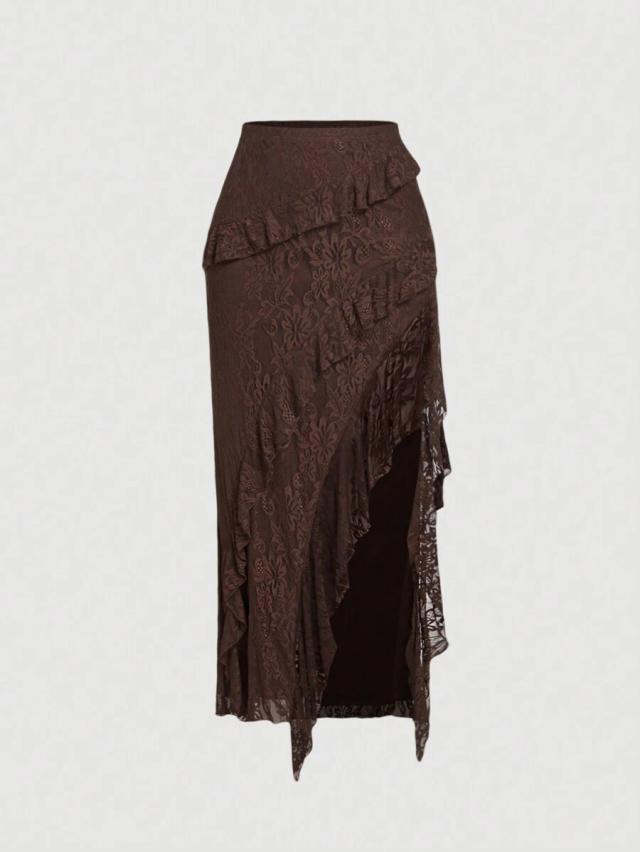brown floral lace ruffled high slit midi skirt