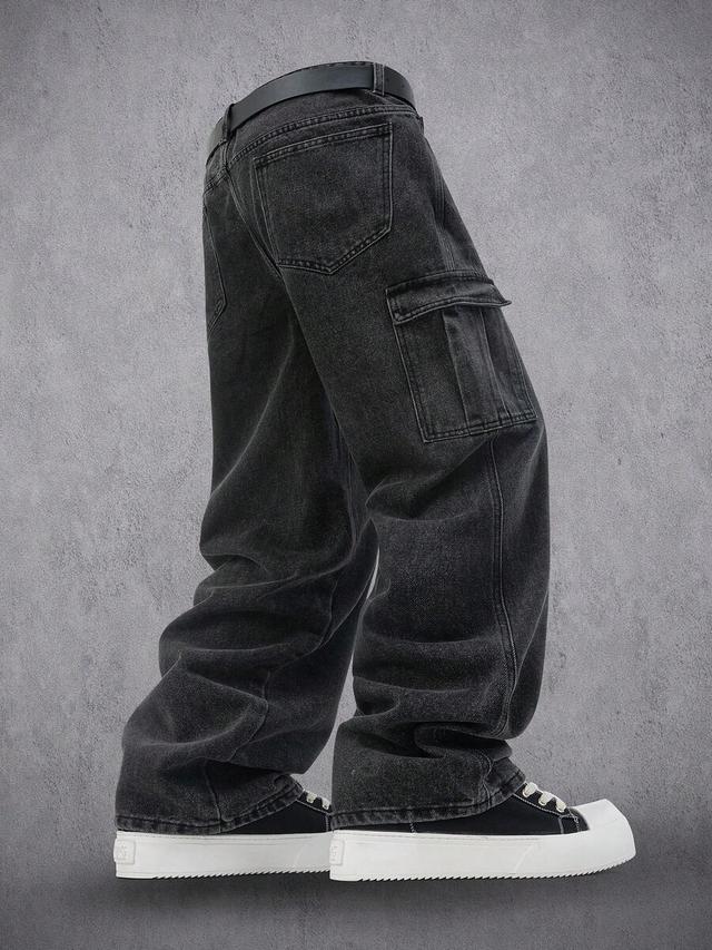 black washed denim wide leg cargo jeans
