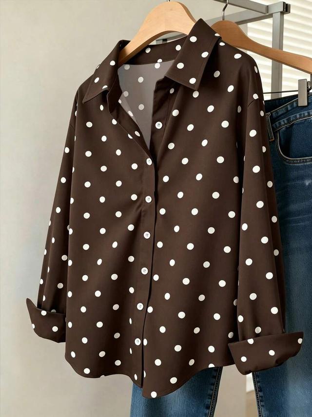 brown polka dot print long sleeve shirt