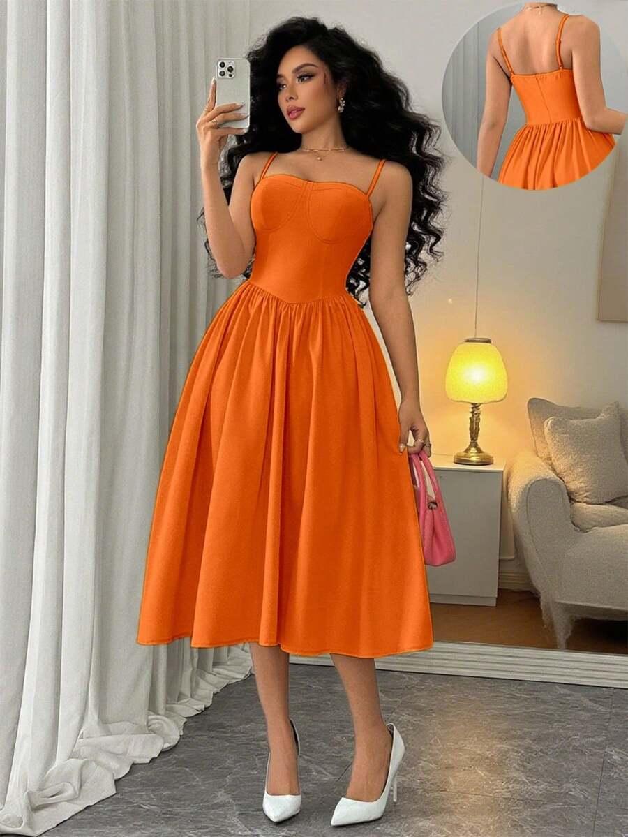elegant burnt orange midi dress with corset bodice