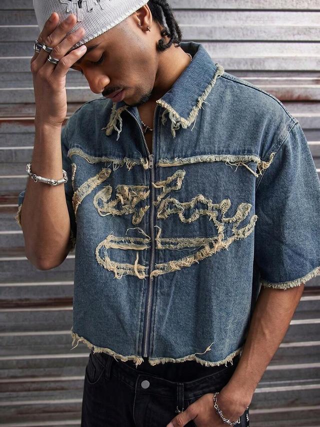 axepeak blue denim short sleeve zip jacket
