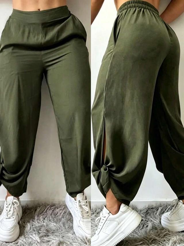women's loose wide leg army green trousers with side slits