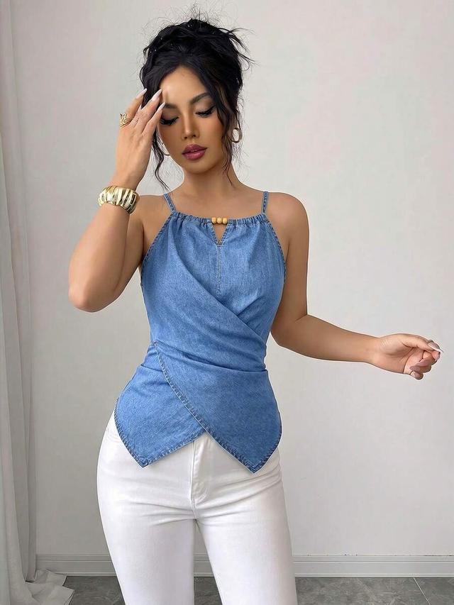 denim pleated halter neck casual top