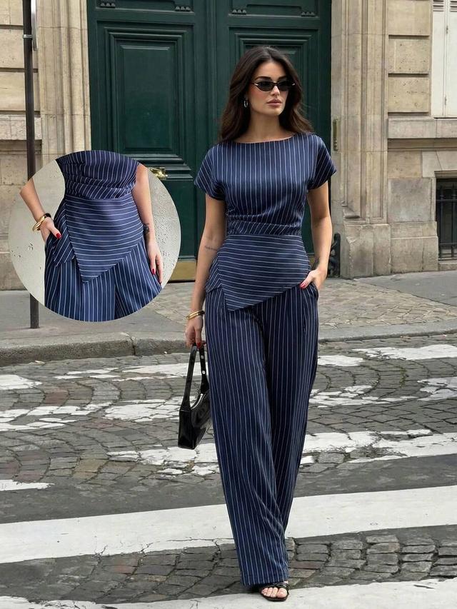 navy blue striped asymmetric hem shirt and wide leg pants set