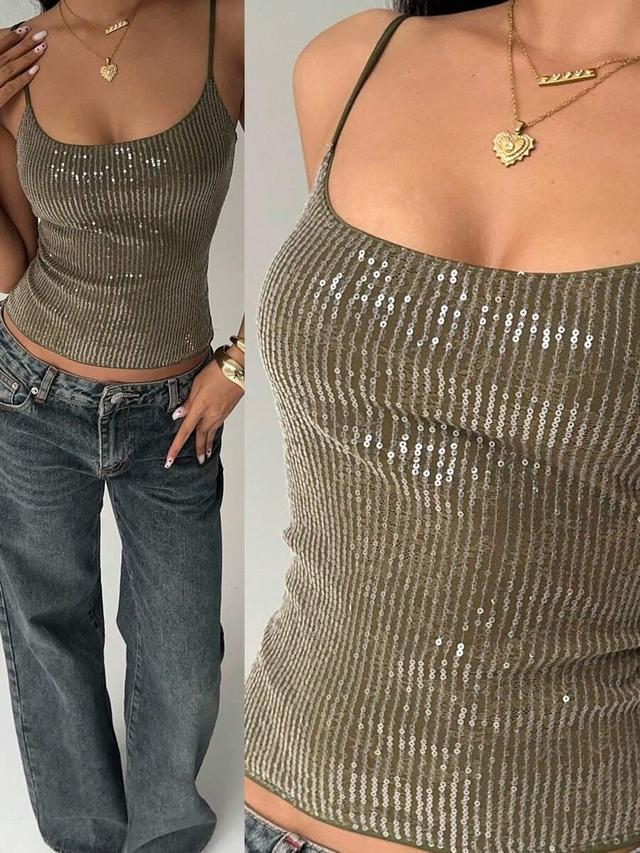 olive green sequined ribbed camisole tank top