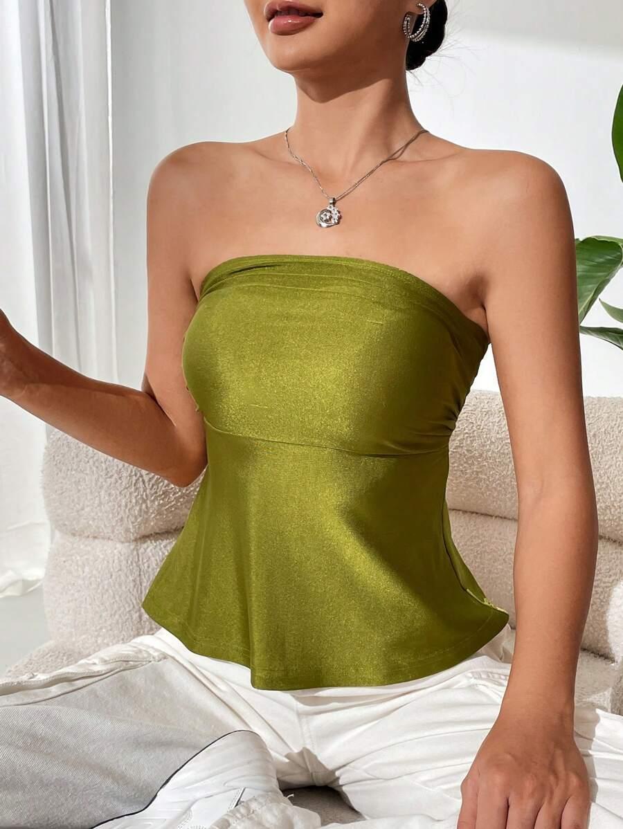 olive green shimmer strapless peplum tube top