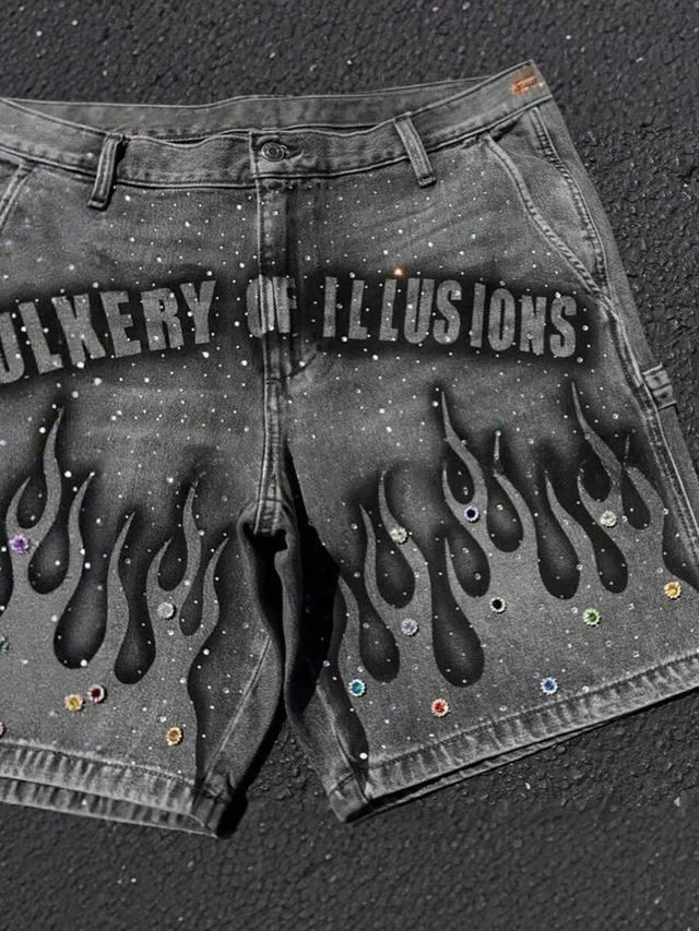 washed grey denim jorts with rhinestone flame graphic