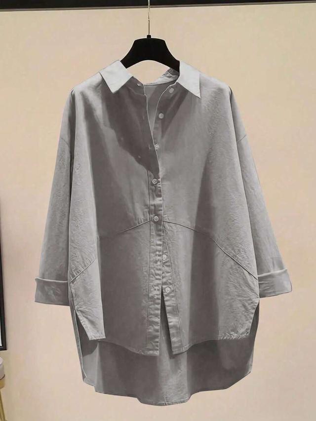 women simple solid color button-up casual shirt
