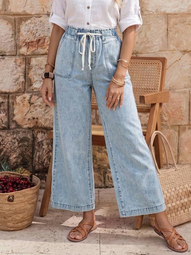 washed light blue denim wide leg drawstring jeans
