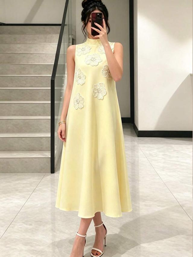 elegant light yellow floral 3d embroidered a-line dress