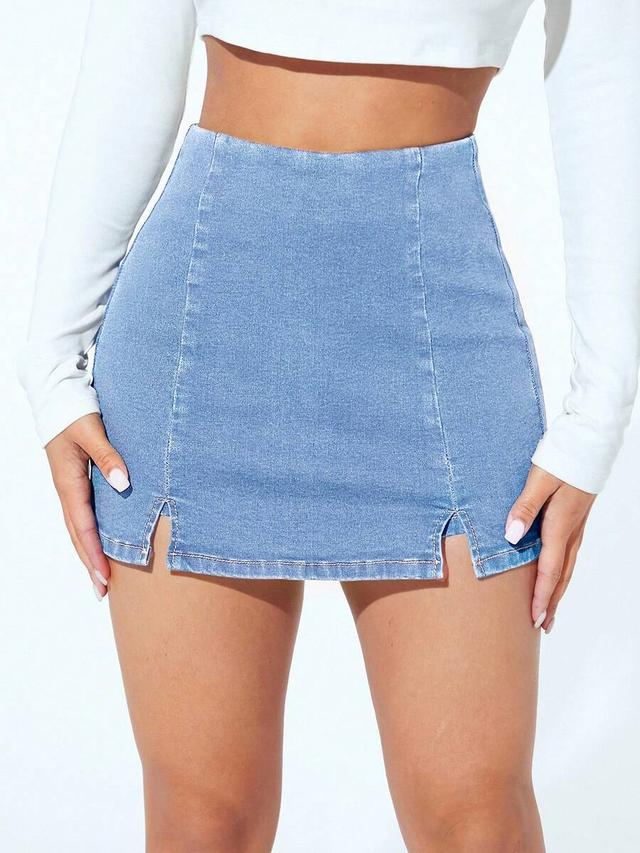 light wash denim split hem skort