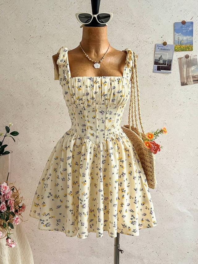 pale yellow floral cottagecore tie-up mini dress