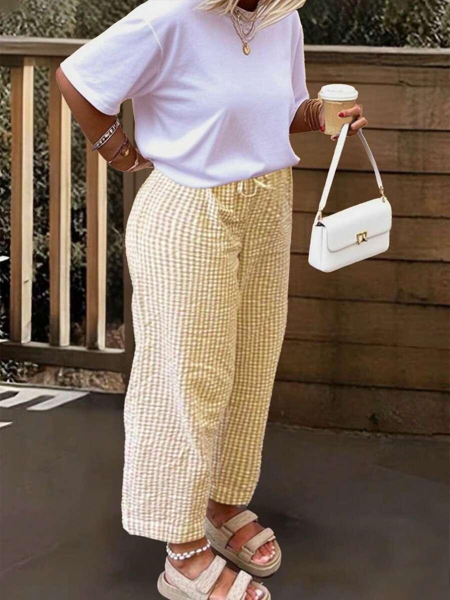 yellow gingham women's yellow plaid drawstring wide leg pants