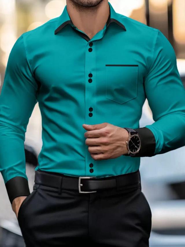 teal long sleeve button-up shirt with black contrast
