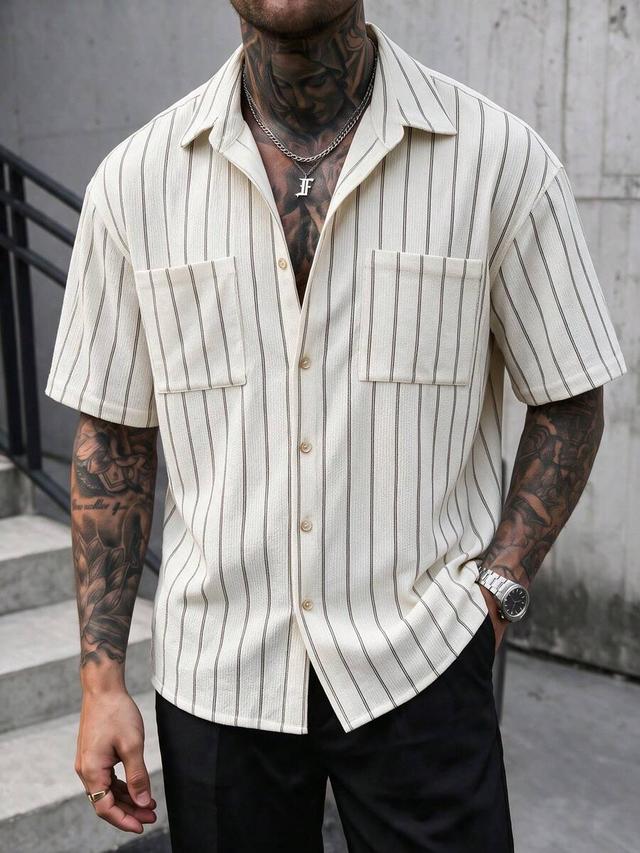 striped short sleeve casual button-up shirt