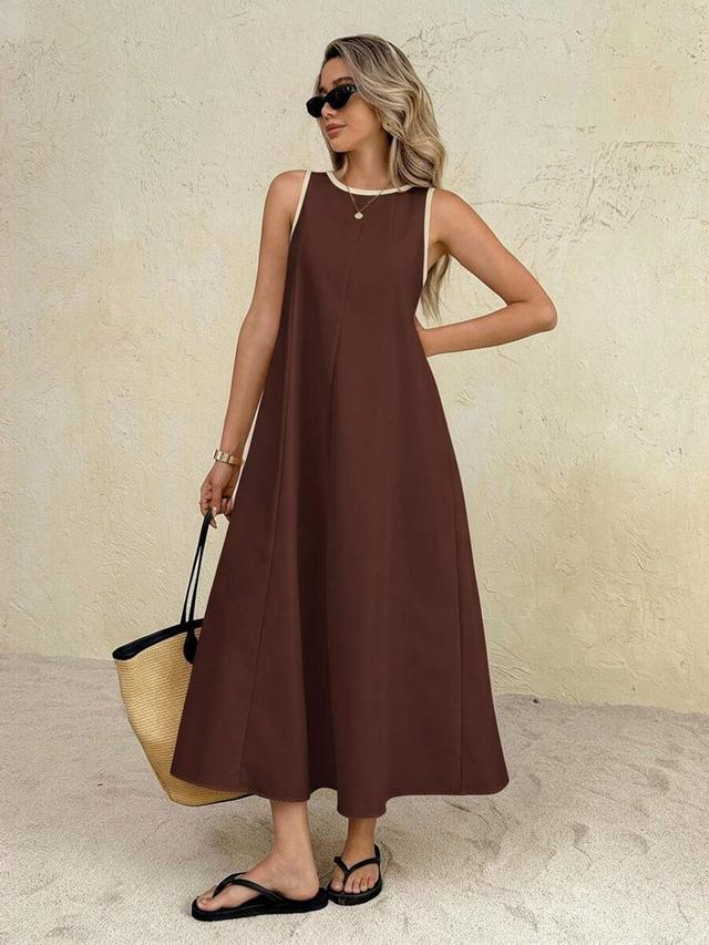 brown sleeveless round neck casual long dress