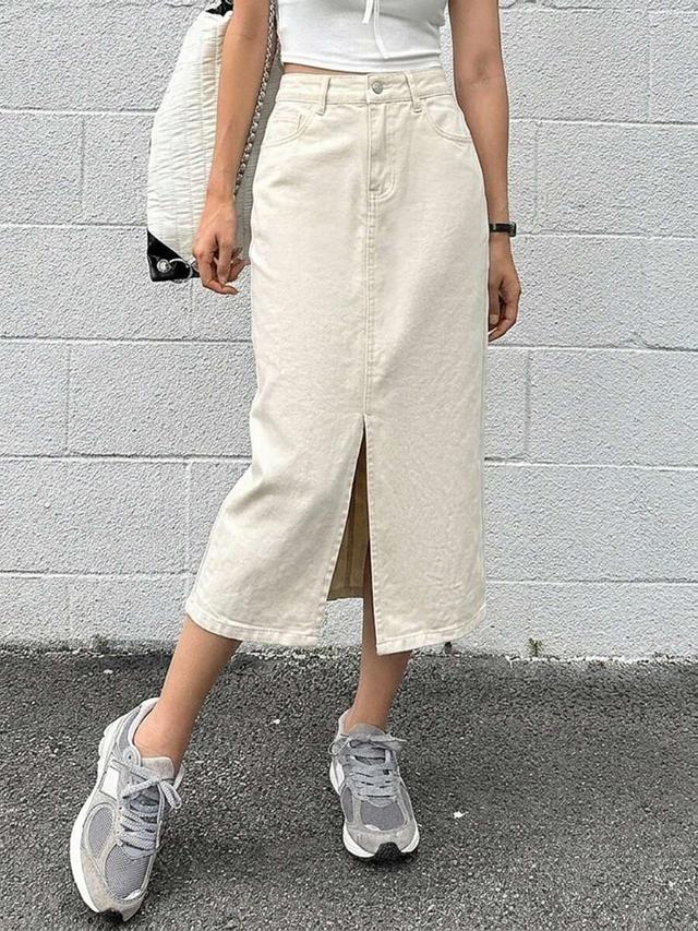 high waist front slit cream denim midi skirt