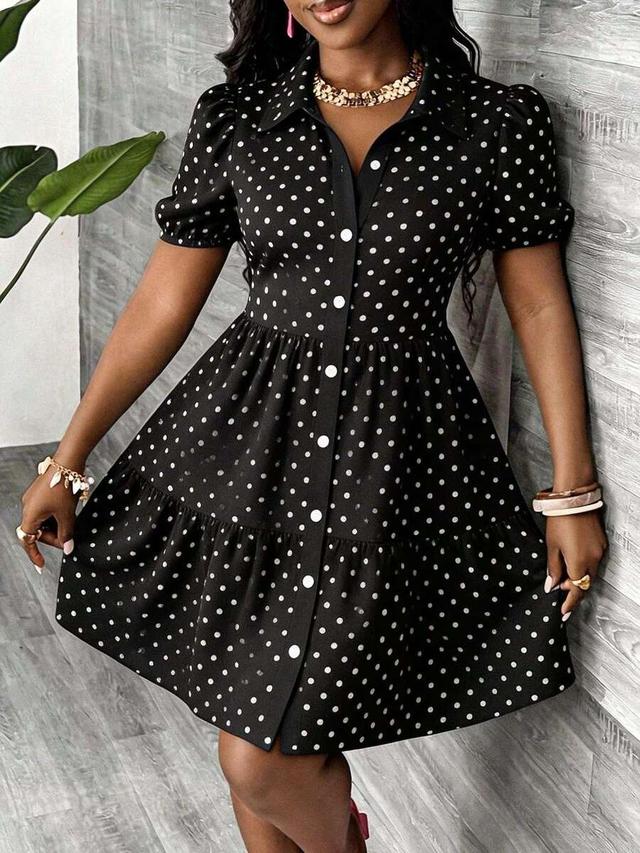 black and white polka dot button down dress