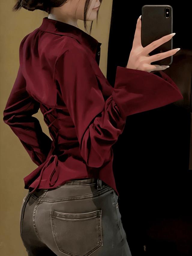elegant solid red shirt with back tie and buttons