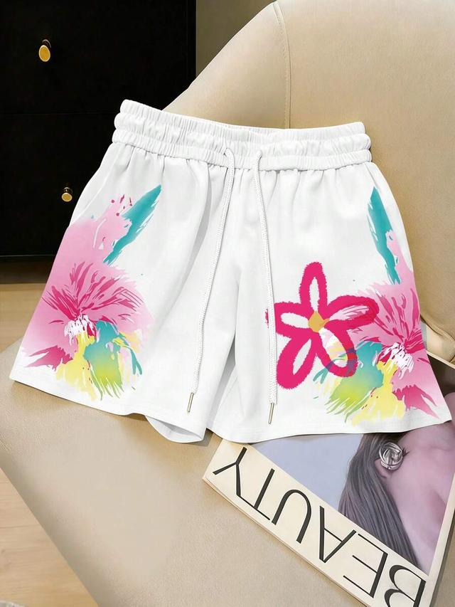 white floral print drawstring loose wide leg shorts