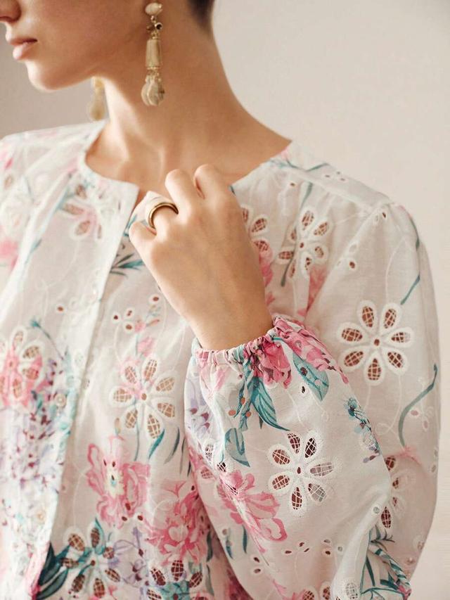 floral embroidered hollow out lantern sleeve blouse