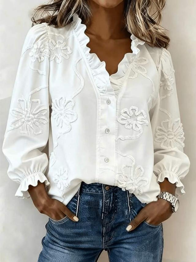 white floral embroidered ruffle trim v-neck blouse