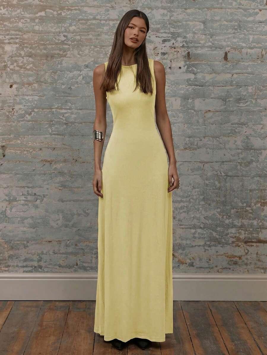yellow round neck sleeveless maxi dress