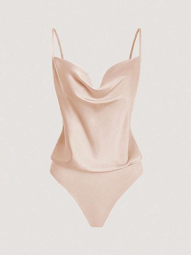 peach pink cowl neck satin bodysuit