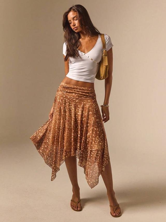 brown printed handkerchief hem midi skirt