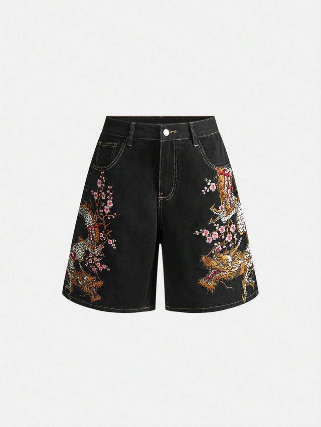 vintage street style loose fit dragon embroidered denim shorts