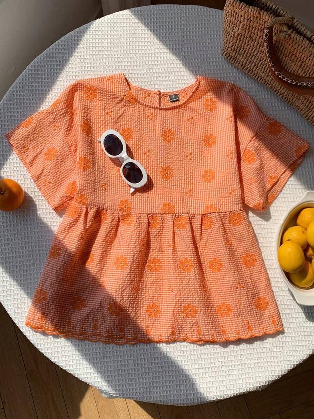 orange and white plaid floral embroidered peplum shirt