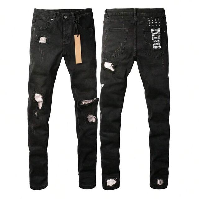 mens black distressed denim cargo pants with graphic print