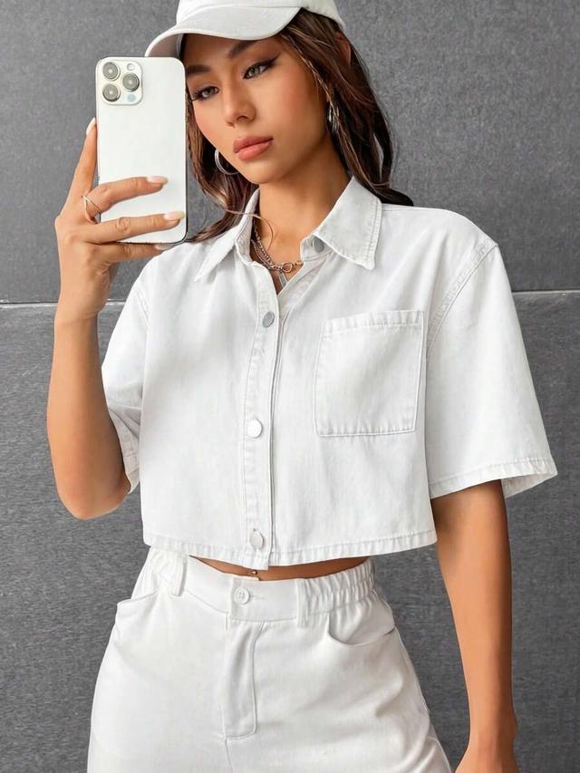 white cropped denim button-up short sleeve shirt