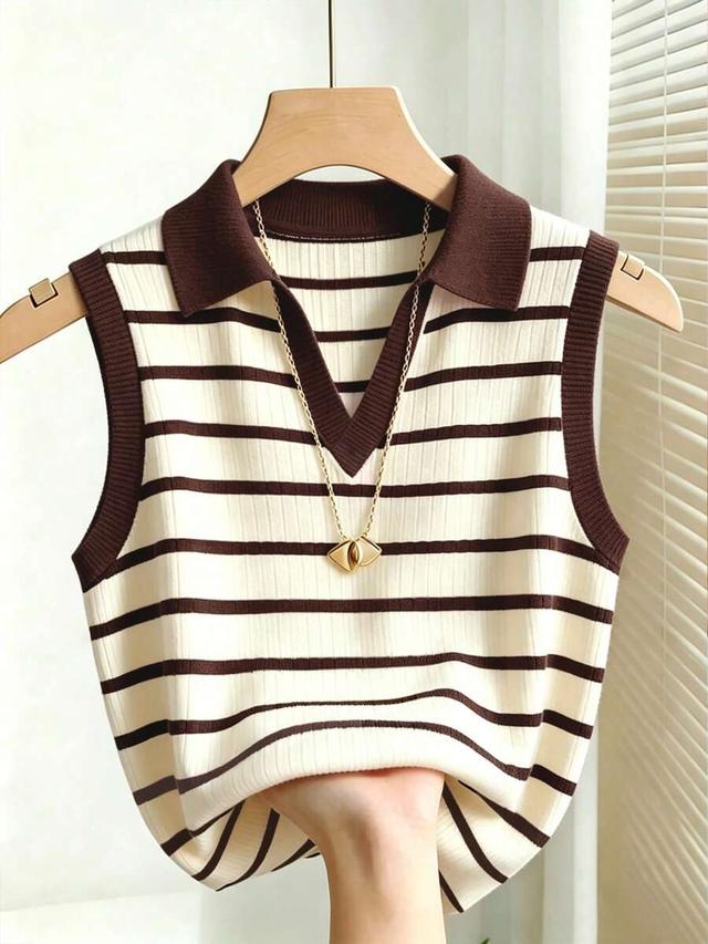 women's brown and cream striped knit sweater vest