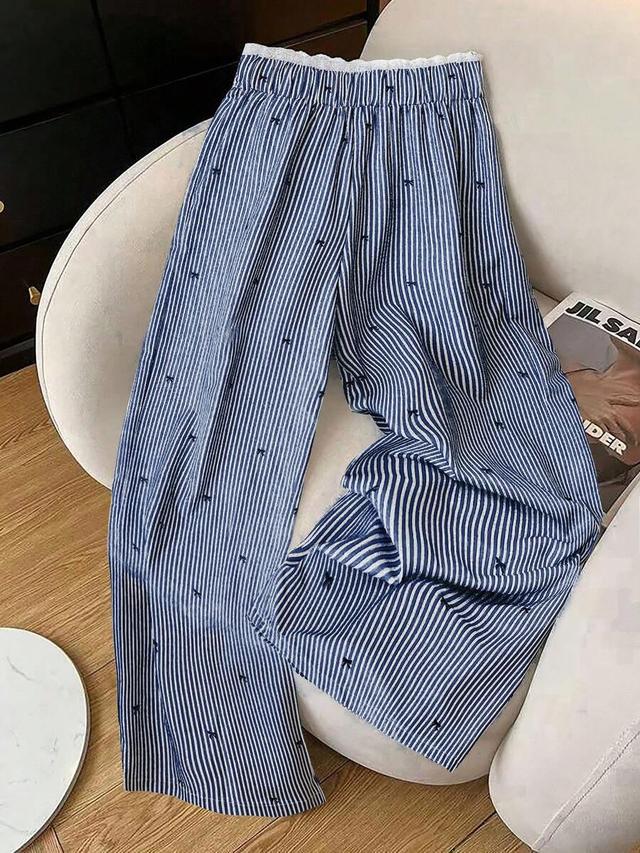 casual blue striped wide leg pants with bowknot detail