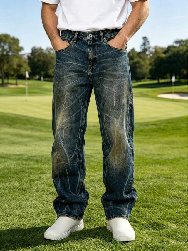 men's american vintage distressed yellow mud-washed straight-leg jeans