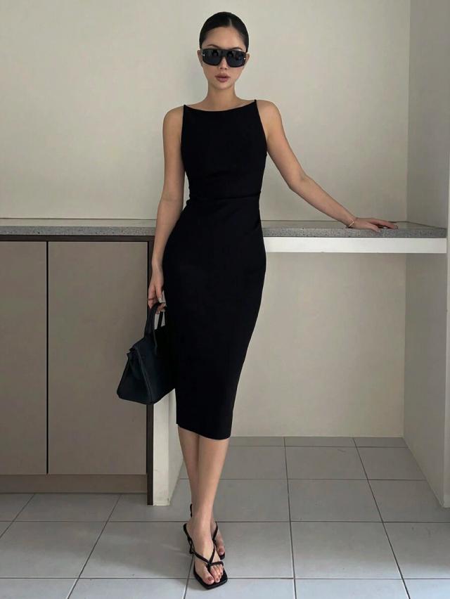 minimalist black sleeveless bodycon midi dress