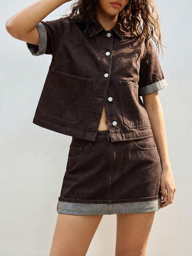 brown denim short sleeve top and skirt set