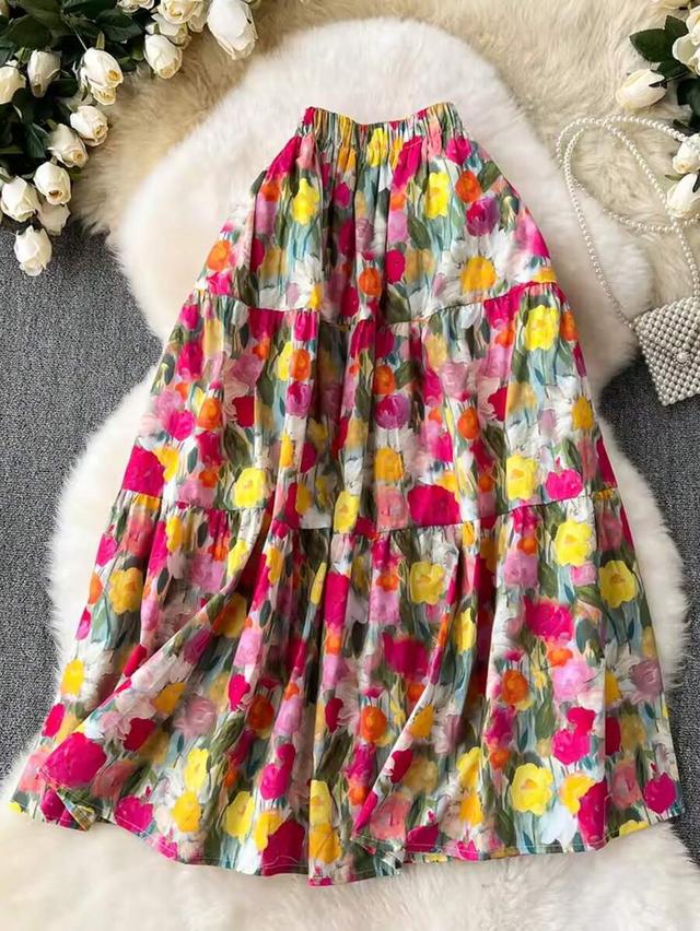floral oil painting print tiered a-line skirt