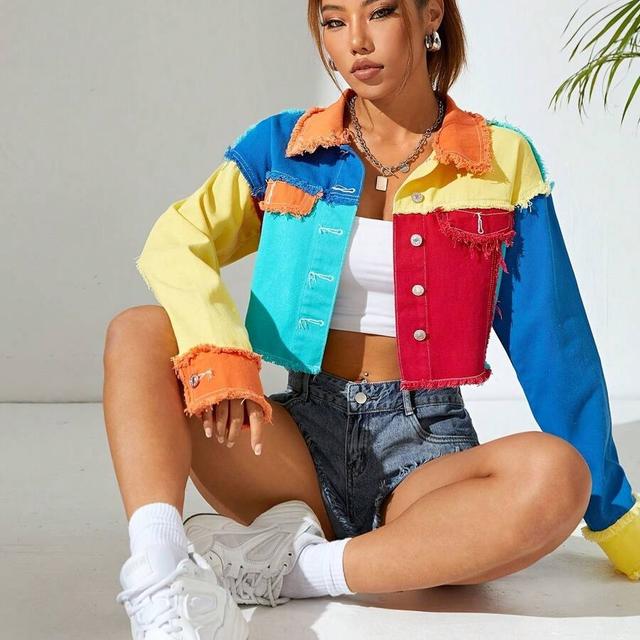 color block crop denim button front jacket