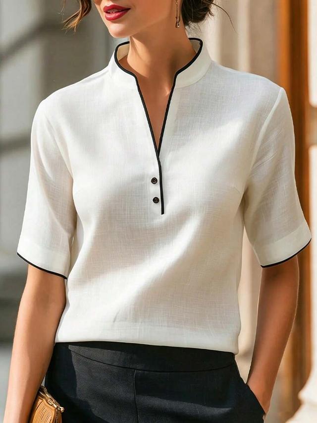 elegant white linen blend shirt with black contrast piping