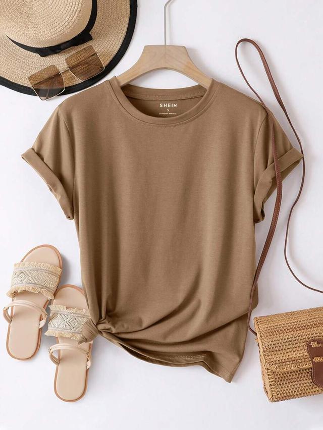 inawly solid brown round neck cotton tee
