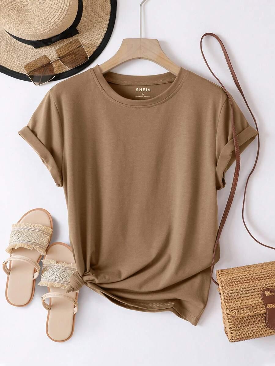 inawly solid brown round neck cotton tee